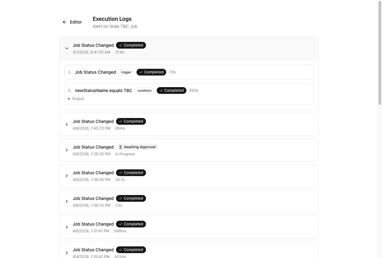 The Execution Logs page listing workflow runs with trigger name, status badges including Completed and Awaiting Approval, timestamps and durations, with one execution expanded to show numbered steps and an Output block.